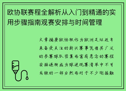 欧协联赛程全解析从入门到精通的实用步骤指南观赛安排与时间管理
